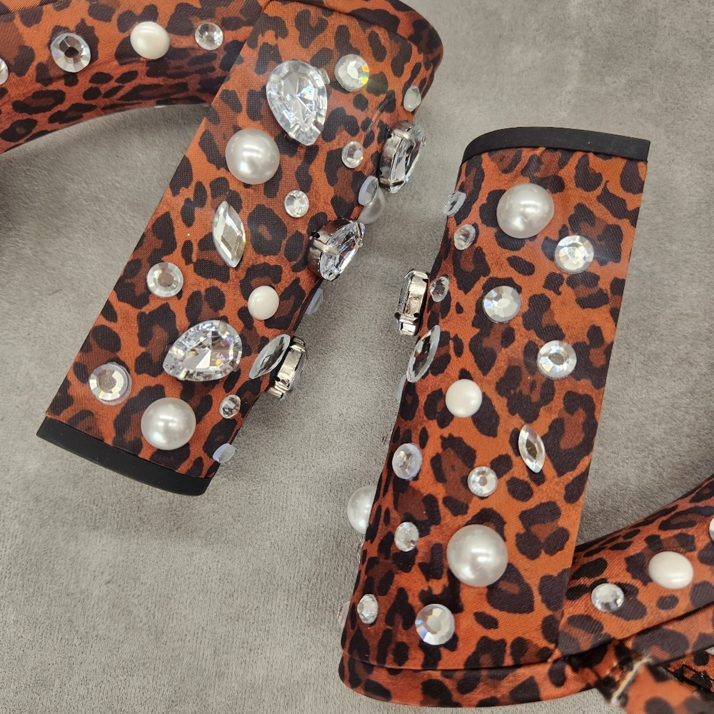 Gianni Bini Platform Sandals 8 Brown Leopard Satin Calvan Two Jeweled New $150 - Picture 14 of 17